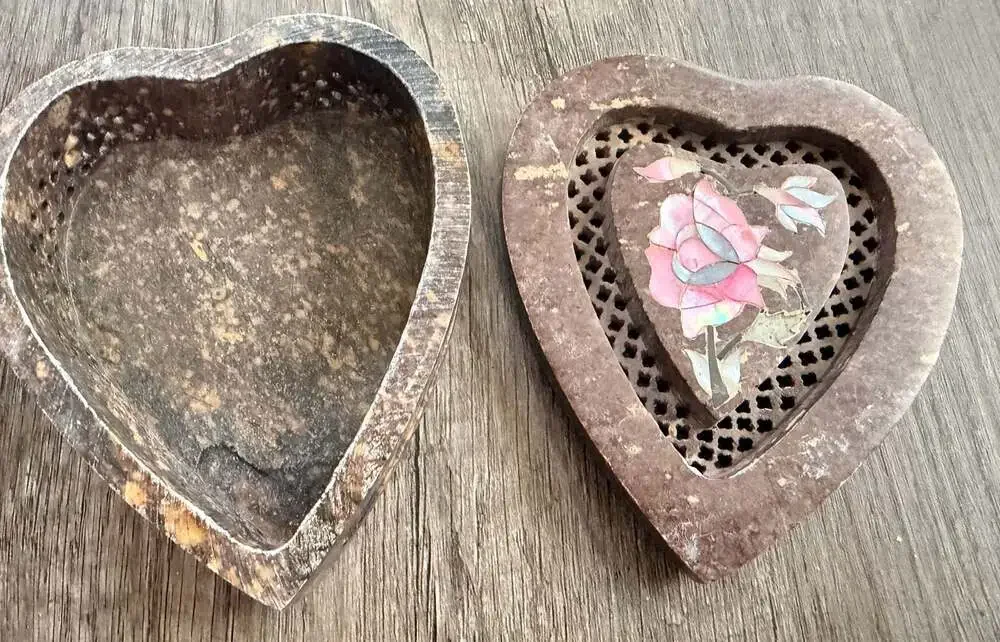 Vintage Hand-Carved Soapstone Heart-Shaped Trinket Box with Lattice Lid and Moth